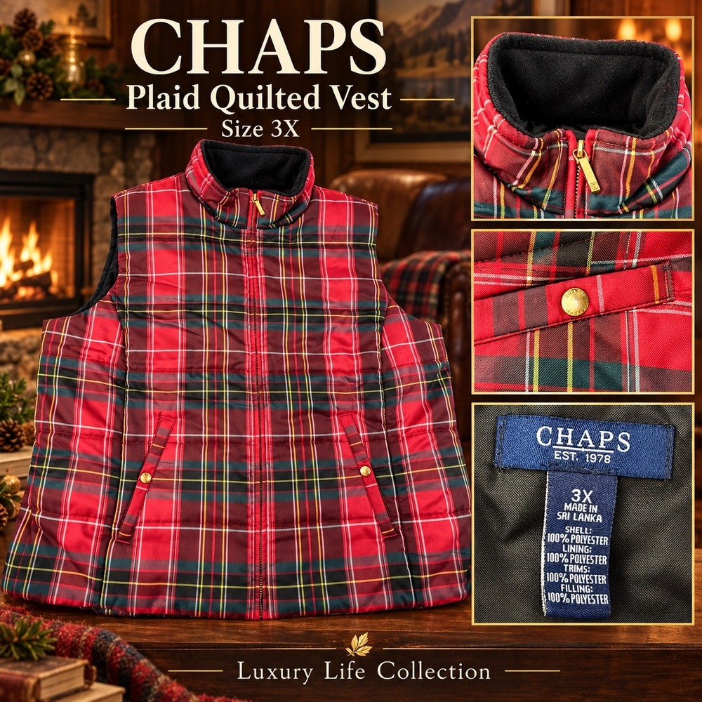 Chaps Womens 3X Red Tartan Plaid Quilted Puffer Vest Fleece Lined Full Zip